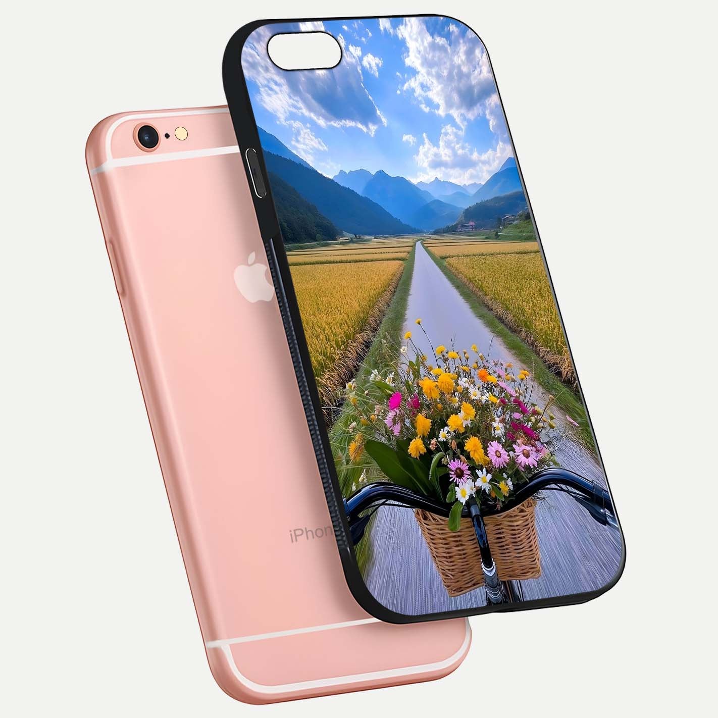 Golden Field Journey Glass Case for iPhone 6 Plus floating dual-view mockup showing gloss surface and field depth
