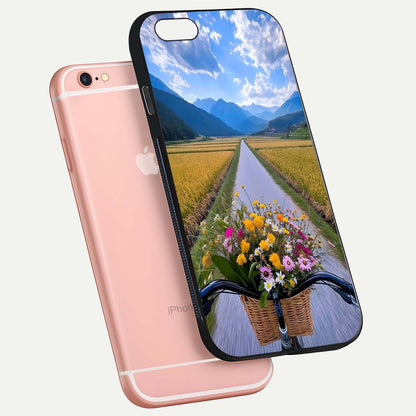 Golden Field Journey Glass Case for iPhone 6 Plus floating dual-view mockup showing gloss surface and field depth