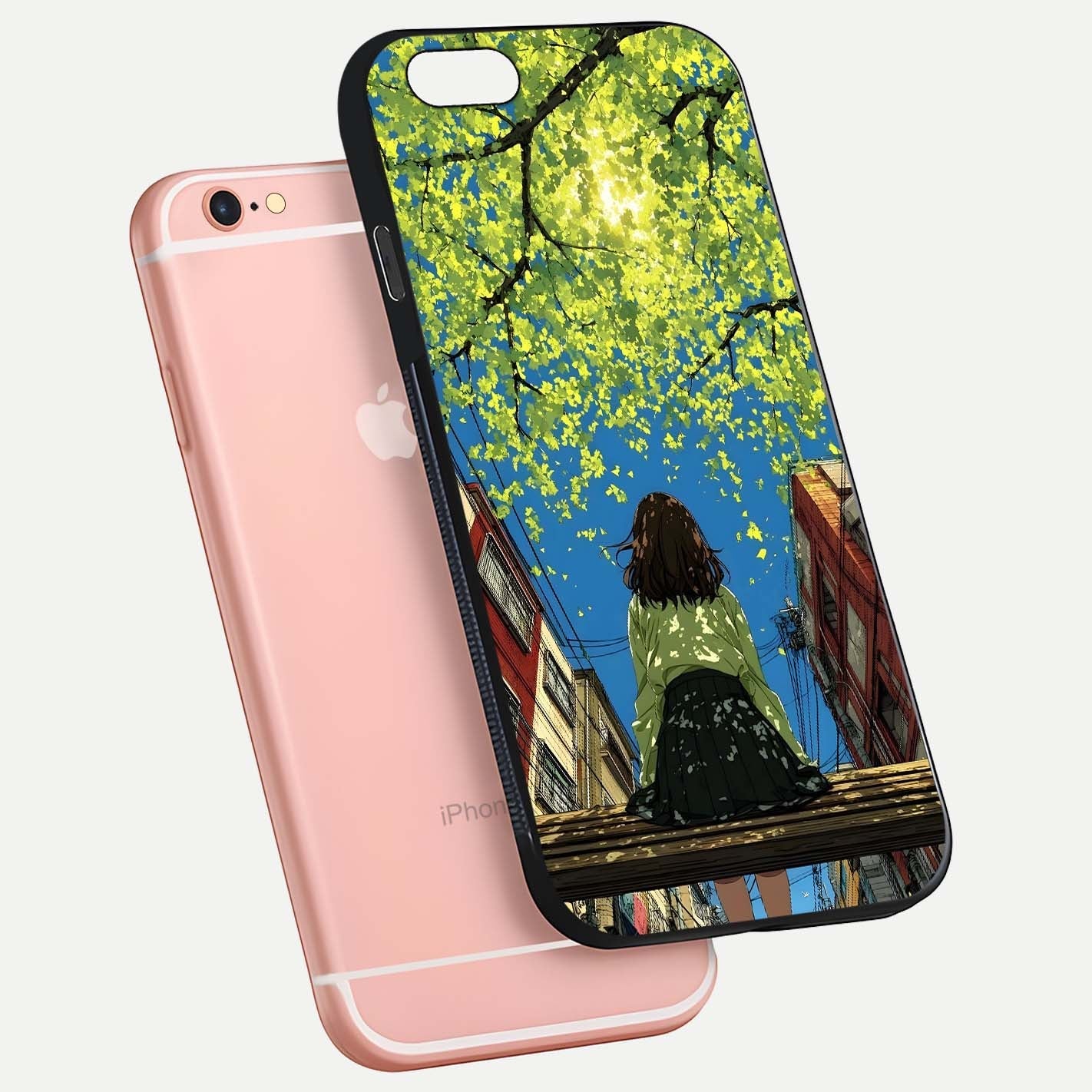 Golden Leaves Glow Glass Case for iPhone 6 Plus floating dual-view mockup showing gloss depth and gold-leaf detail