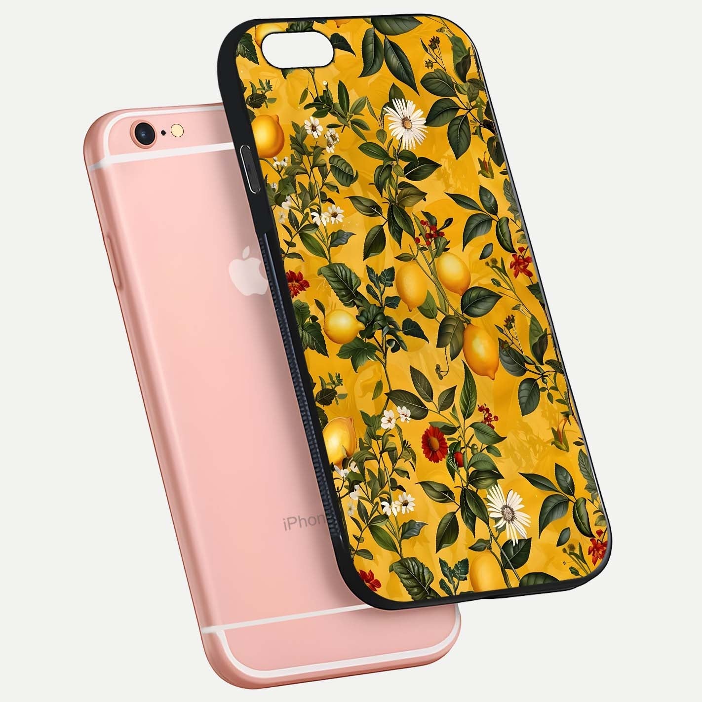 Golden Lemon Field Glass Case for iPhone 6 Plus floating dual-view mockup showing gloss shine and yellow-gold palette