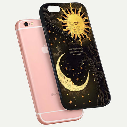 Golden Lunar Love Glass Case for iPhone 6 Plus floating dual-view mockup showing glossy glow and romantic theme