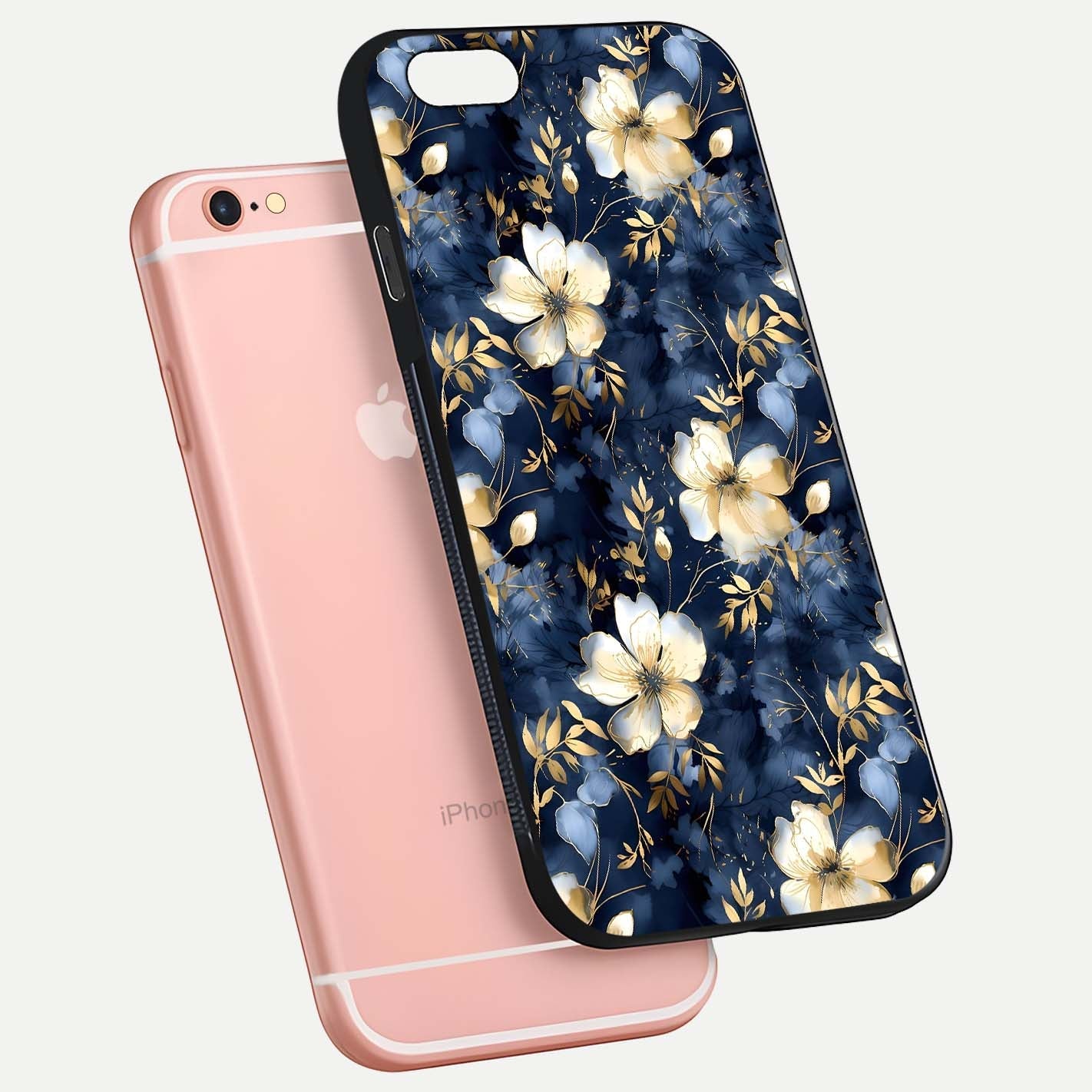 Golden Midnight Bloom Glass Case for iPhone 6 Plus floating dual-view mockup showing gloss polish and metallic reflection