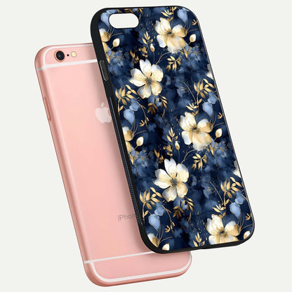 Golden Midnight Bloom Glass Case for iPhone 6 Plus floating dual-view mockup showing gloss polish and metallic reflection