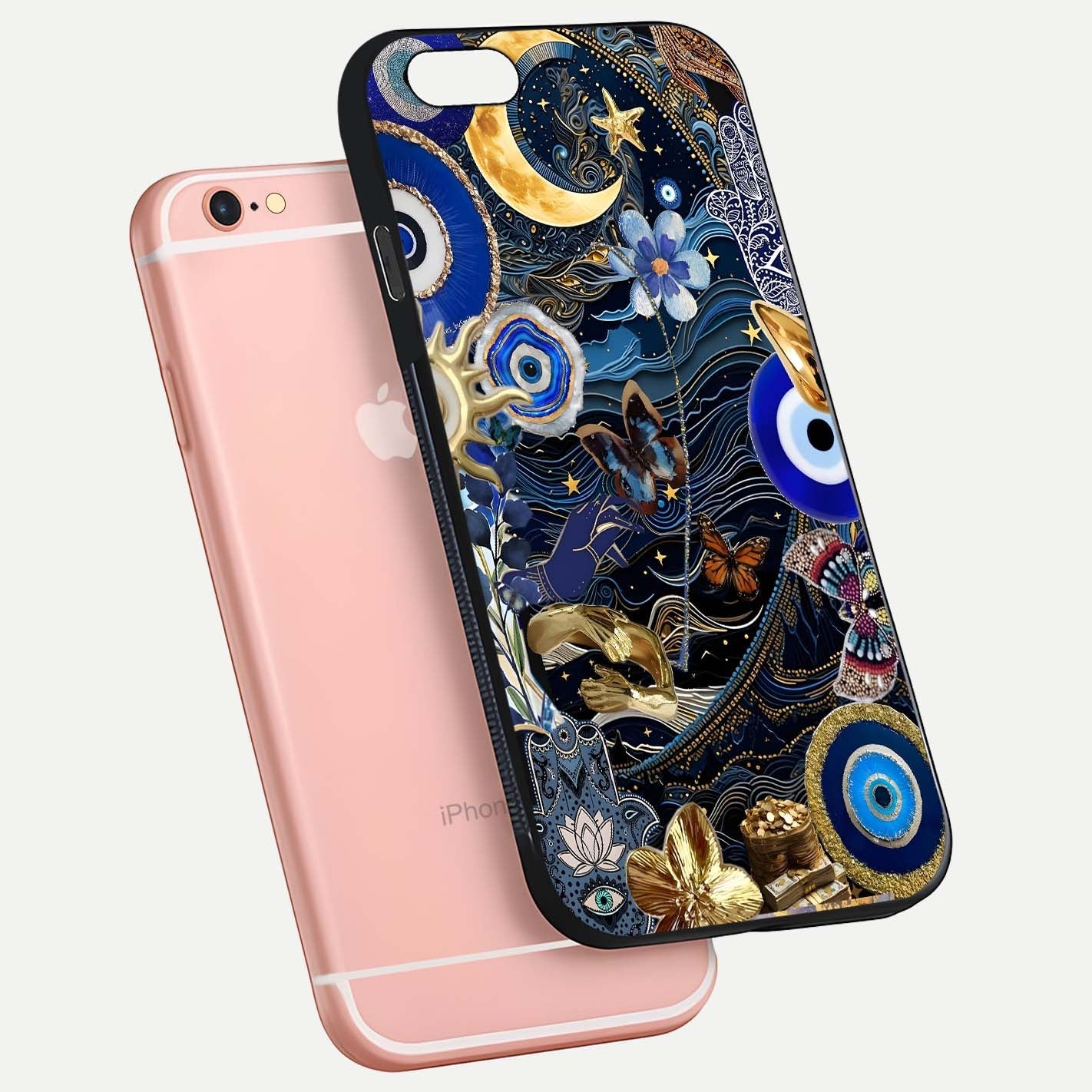 Golden Moon Magic Glass Case for iPhone 6 Plus floating dual-view mockup showing gloss texture and golden illumination