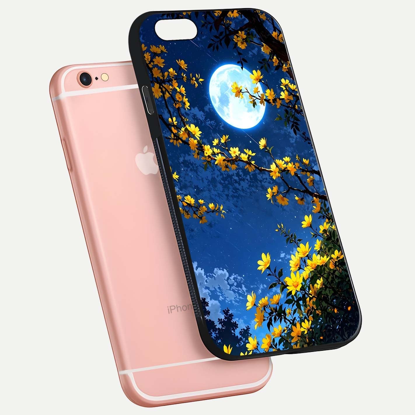 Golden Night Glow Glass Case for iPhone 6 Plus floating dual-view mockup showing gloss polish and luxury shine