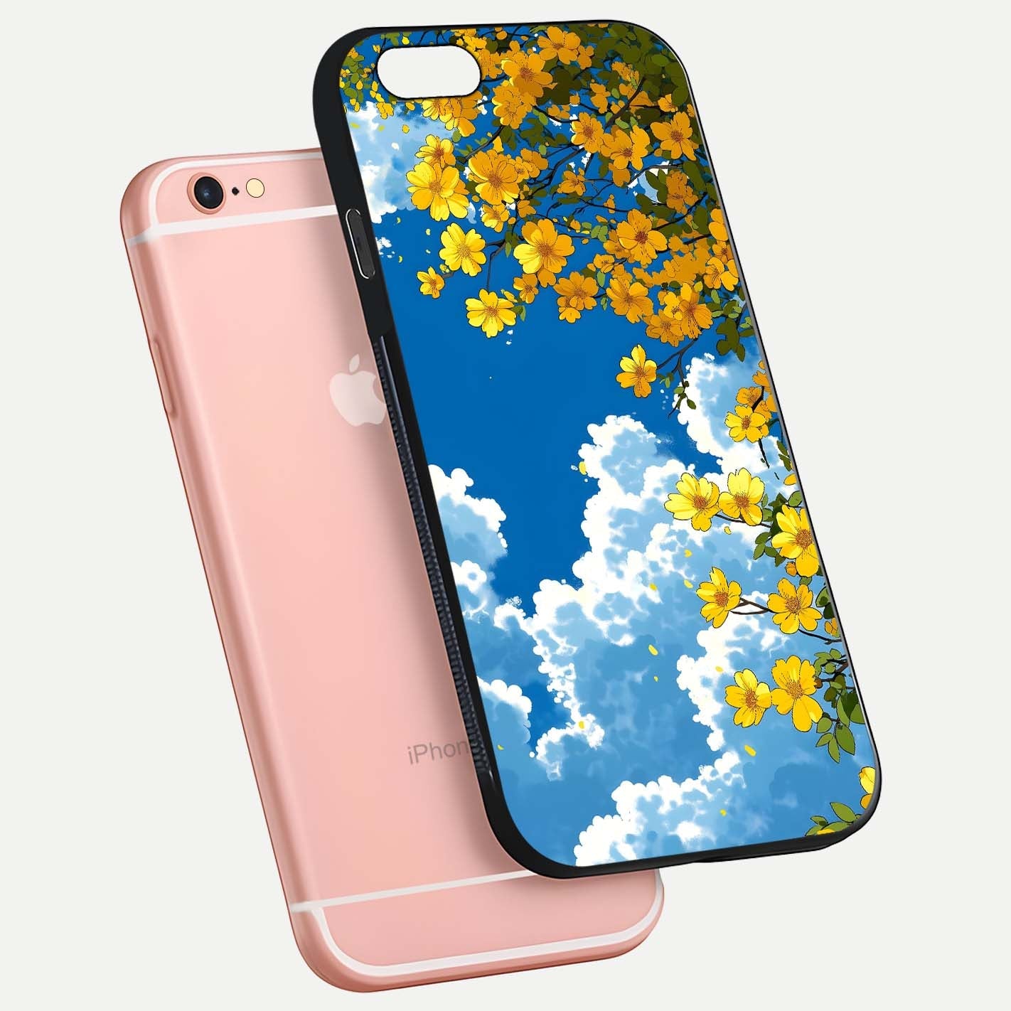 Golden Petal Sky Glass Case for iPhone 6 Plus floating dual-view mockup showing gloss brilliance and gold detail