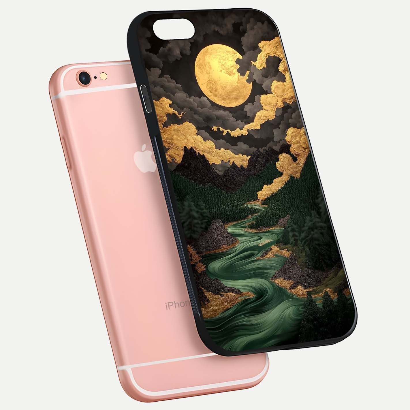 Golden River Moon Glass Case for iPhone 6 Plus floating dual-view mockup showing gloss surface and luxury tone