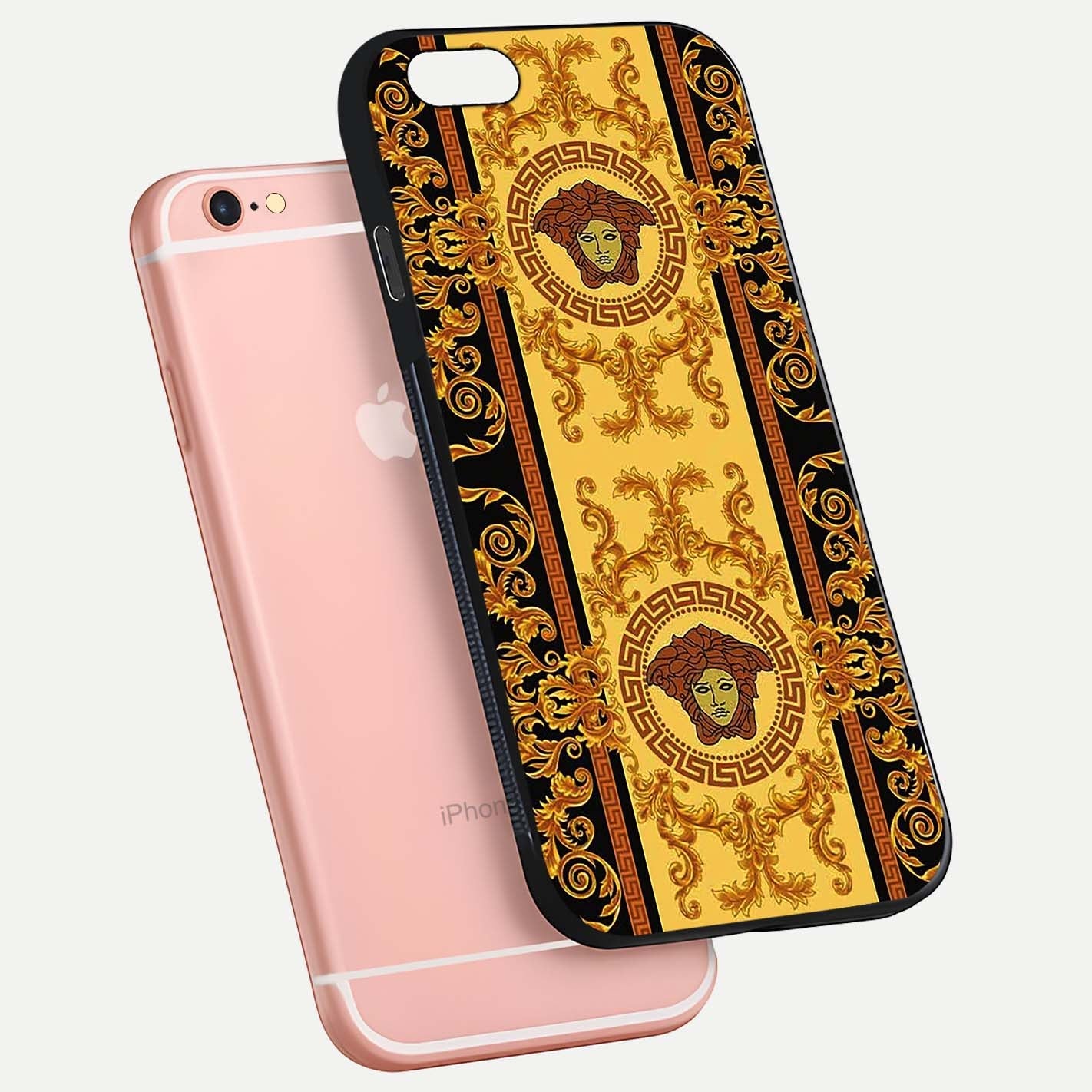 Golden Royal Heritage Glass Case for iPhone 6 Plus floating dual-view mockup showing glossy surface and rich regal tone