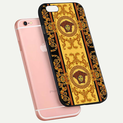 Golden Royal Heritage Glass Case for iPhone 6 Plus floating dual-view mockup showing glossy surface and rich regal tone