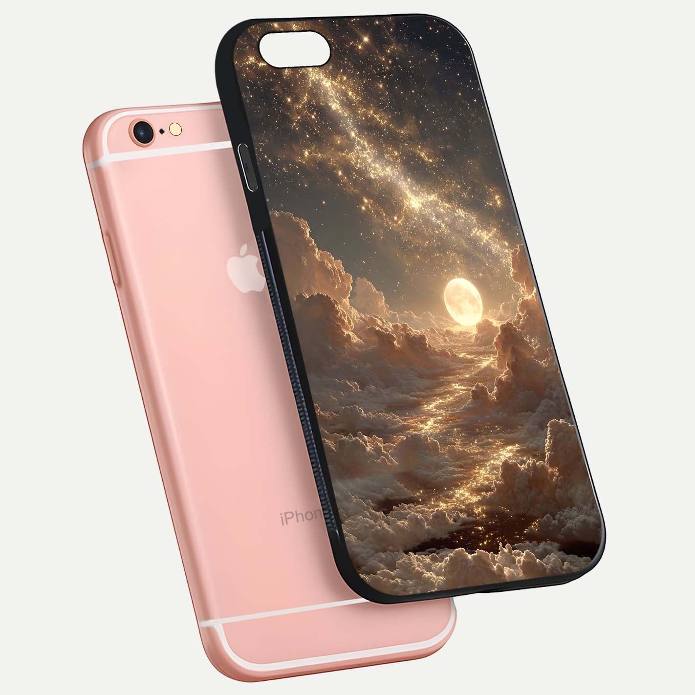 Golden Sky Dream Glass Case for iPhone 6 Plus floating dual-view mockup showing gloss depth and elegant finish