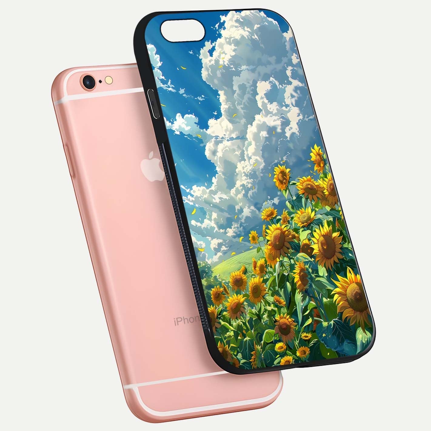 Golden Sun Glory Glass Case for iPhone 6 Plus floating dual-view mockup showing gloss shine and premium surface