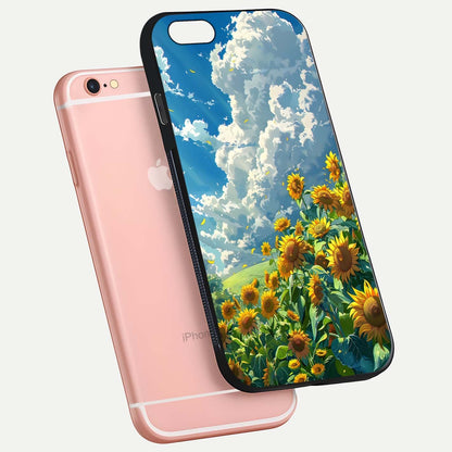 Golden Sun Glory Glass Case for iPhone 6 Plus floating dual-view mockup showing gloss shine and premium surface