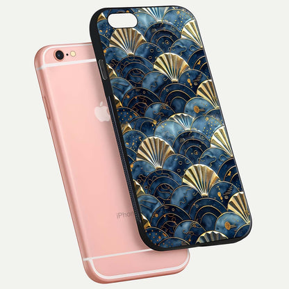 Golden Wave Luxe Glass Case for iPhone 6 Plus floating dual-view mockup showing gloss surface and shimmering tones