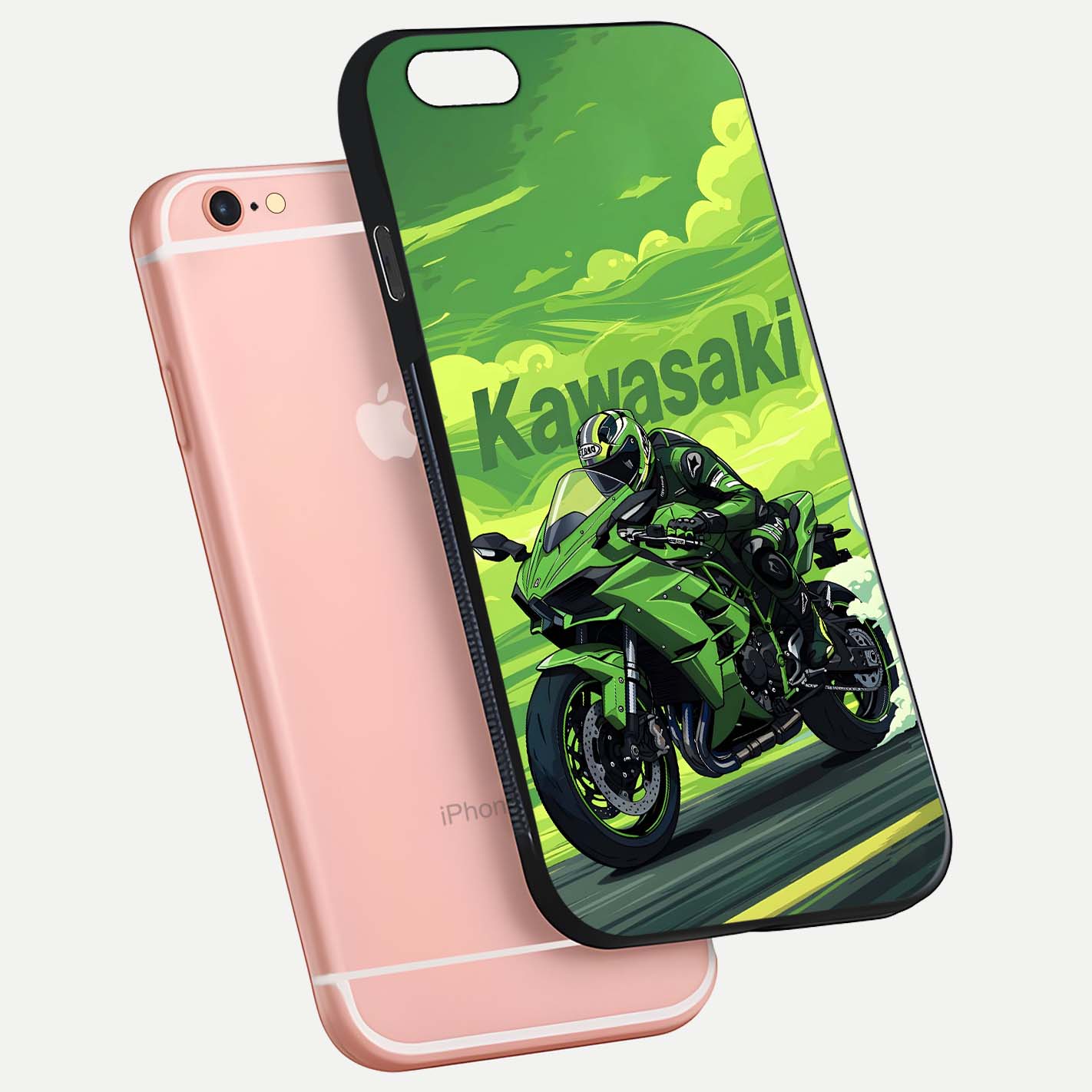 Green Kawasaki Glass Case for iPhone 6 Plus floating dual-view mockup showing gloss surface and power-bike theme