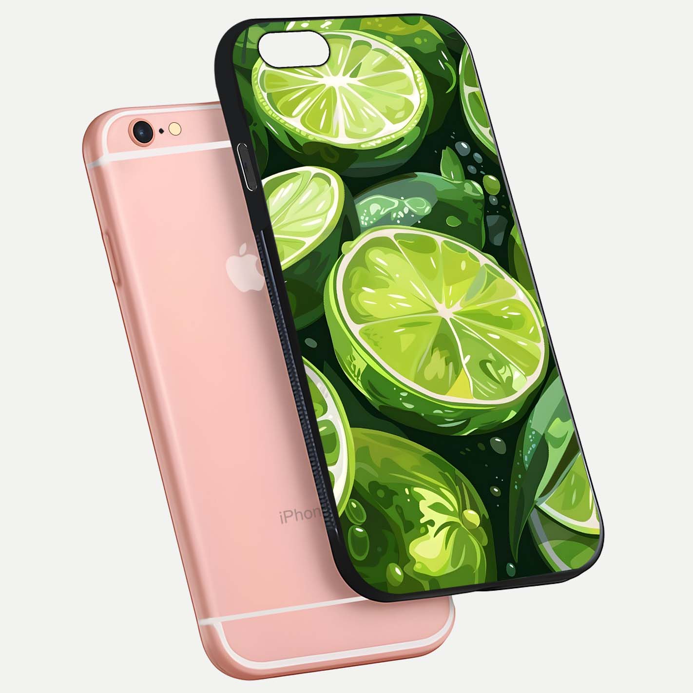 Green Lemon Glass Case for iPhone 6 Plus floating dual-view mockup showing glossy surface and fruity freshness