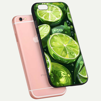 Green Lemon Glass Case for iPhone 6 Plus floating dual-view mockup showing glossy surface and fruity freshness