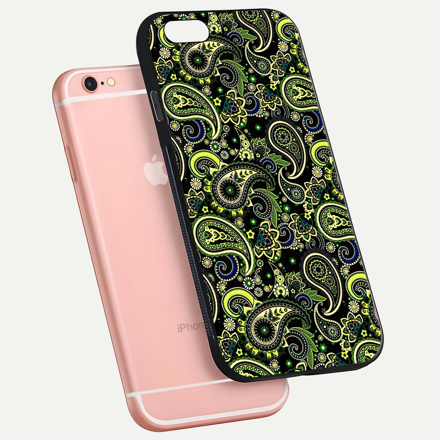 Green Mandala Pattern Glass Case for iPhone 6 Plus floating dual-view mockup showing gloss texture and symmetry shine
