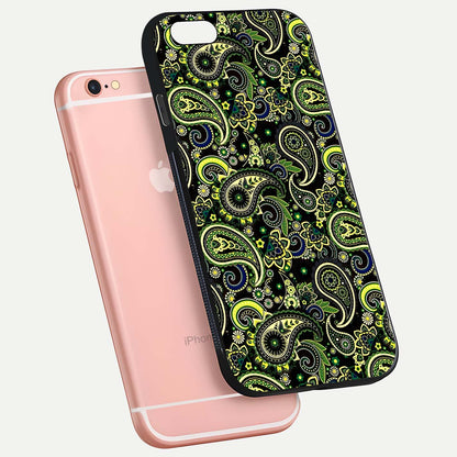Green Mandala Pattern Glass Case for iPhone 6 Plus floating dual-view mockup showing gloss texture and symmetry shine