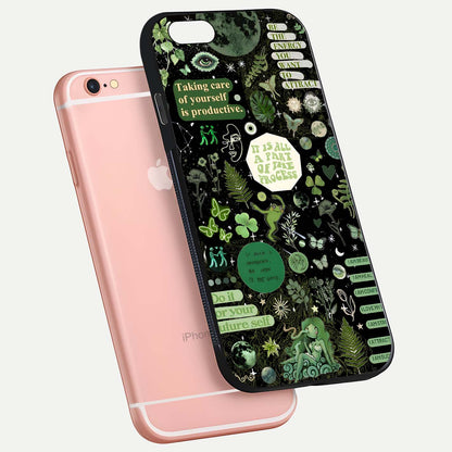Green Moon Energy Glass Case for iPhone 6 Plus floating dual-view mockup showing glossy texture and energy aura