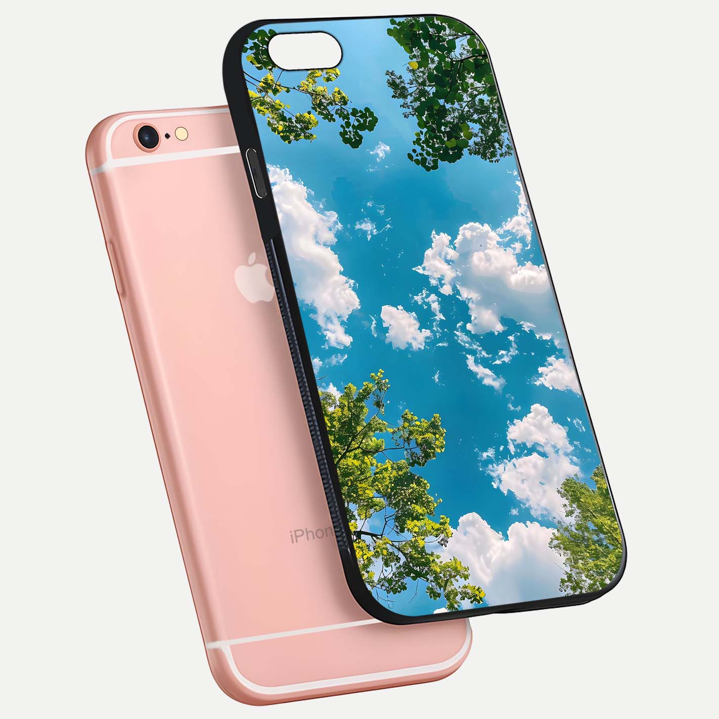 Greenery Sky Glass Case for iPhone 6 Plus floating dual-view mockup showing glossy shine and soft natural tones