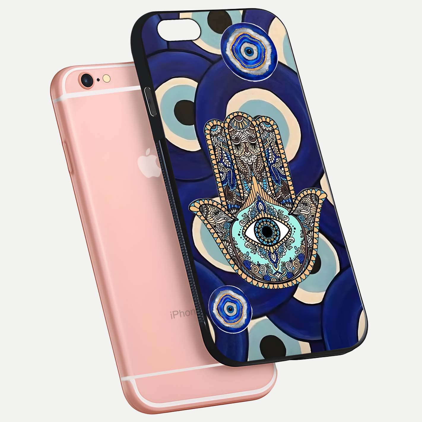 Hamsa Divine Guard Glass Case for iPhone 6 Plus floating dual-view mockup showing gloss shine and mystical pattern