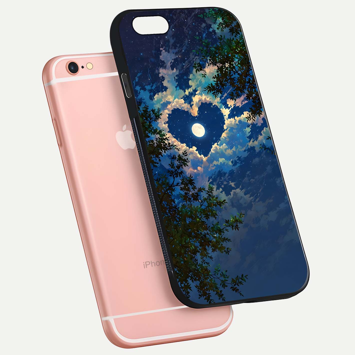 Heart with Moon Sky Glass Case for iPhone 6 Plus floating dual-view mockup showing gloss texture and romantic sky glow