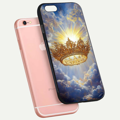 Heavenly Crown Light Glass Case for iPhone 6 Plus floating dual-view mockup showing gloss shine and luminous crown texture