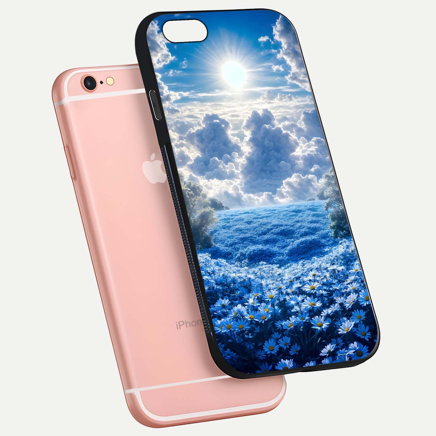 Heavenly Daisy Horizon Glass Case for iPhone 6 Plus floating dual-view mockup showing gloss polish and soft pastel background