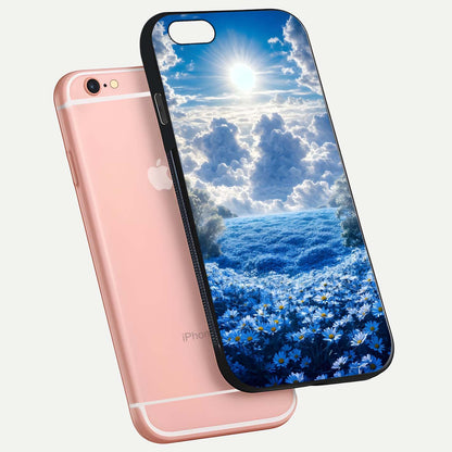Heavenly Daisy Horizon Glass Case for iPhone 6 Plus floating dual-view mockup showing gloss polish and soft pastel background