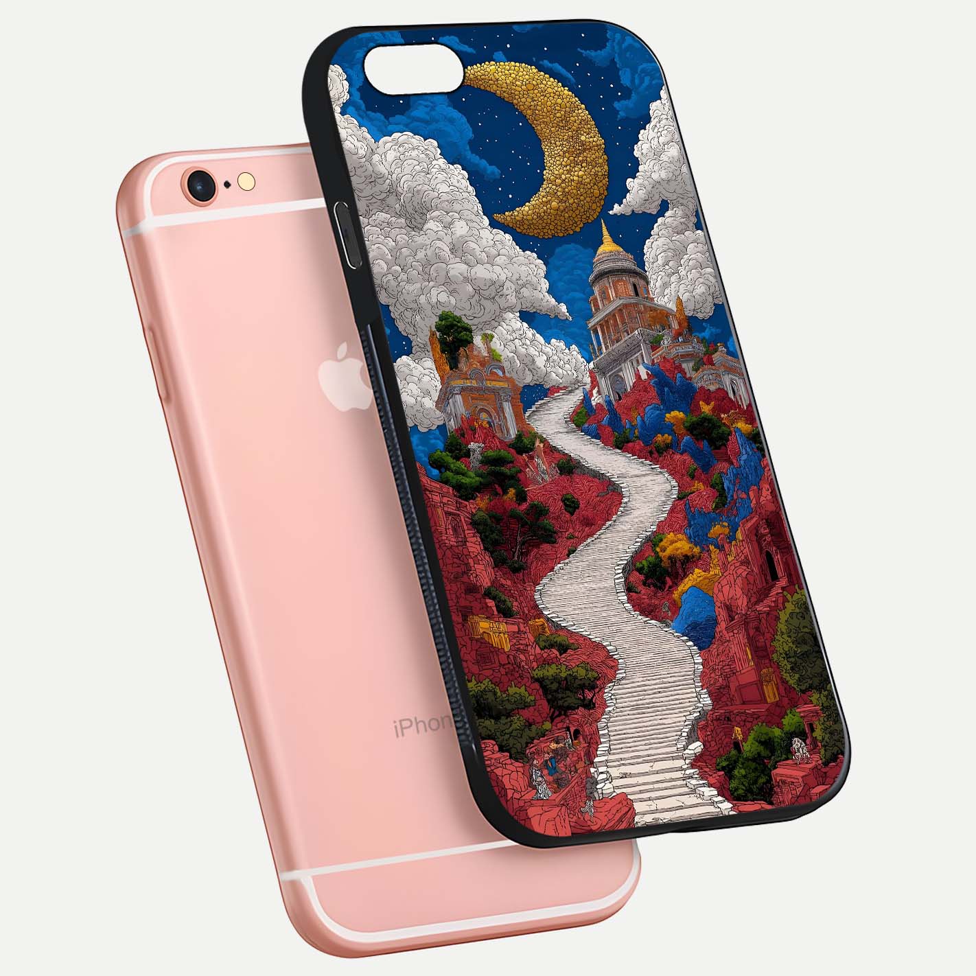 Heavenly Moon Path Glass Case for iPhone 6 Plus floating dual-view mockup showing gloss surface and celestial pathway