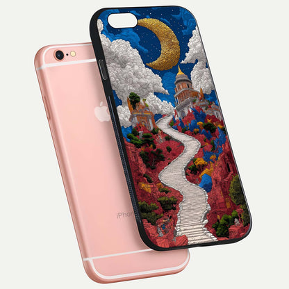 Heavenly Moon Path Glass Case for iPhone 6 Plus floating dual-view mockup showing gloss surface and celestial pathway