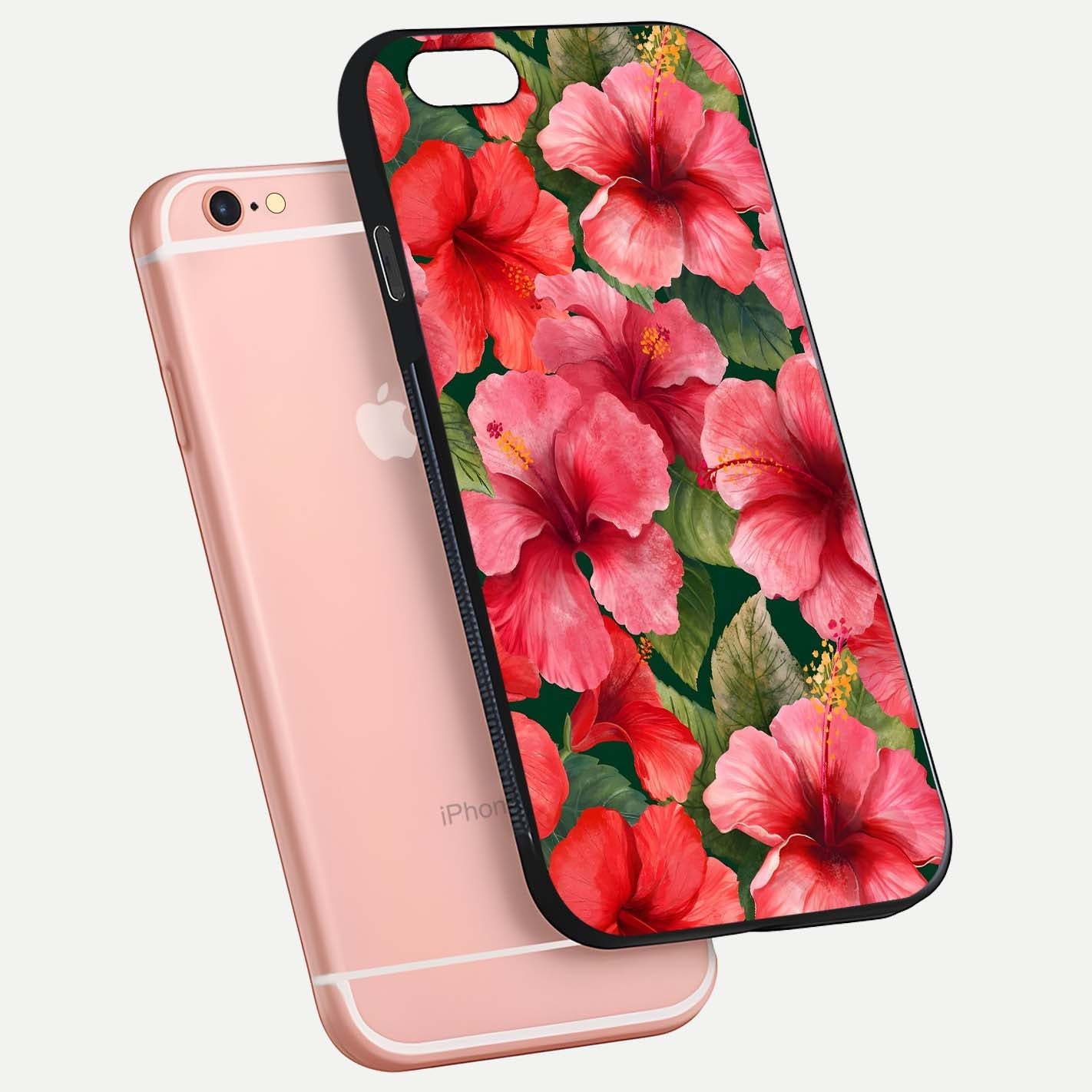Hibiscus Pattern Glass Case for iPhone 6 Plus floating dual-view mockup showing glossy texture and vivid color depth