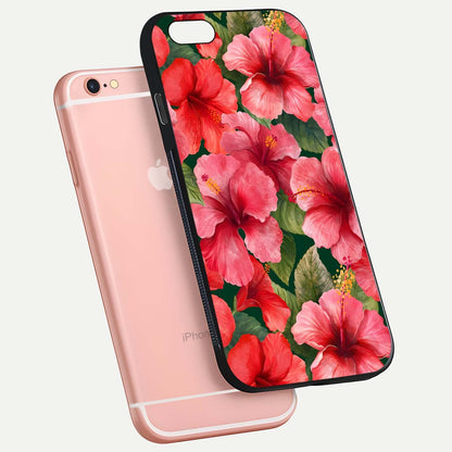 Hibiscus Pattern Glass Case for iPhone 6 Plus floating dual-view mockup showing glossy texture and vivid color depth