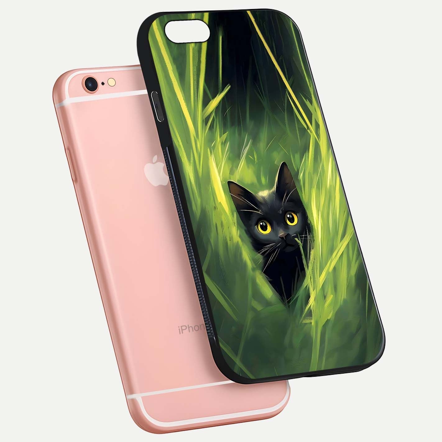 Hidden Cat Whisper Glass Case for iPhone 6 Plus floating dual-view mockup showing glossy tone and elegant cat silhouette