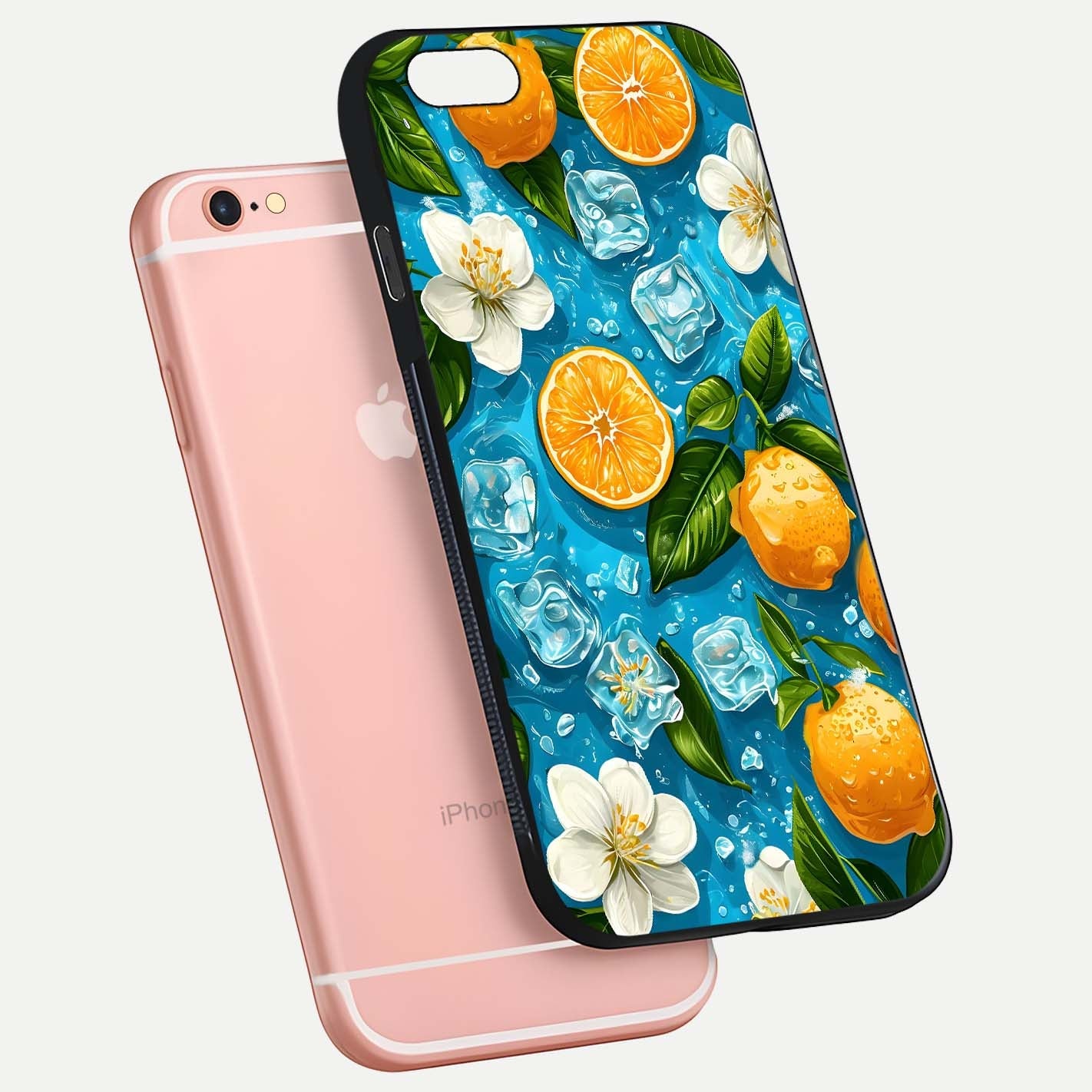 Ice Cube With Orange Glass Case for iPhone 6 Plus floating dual-view mockup showing glossy shine and cool refreshing tone