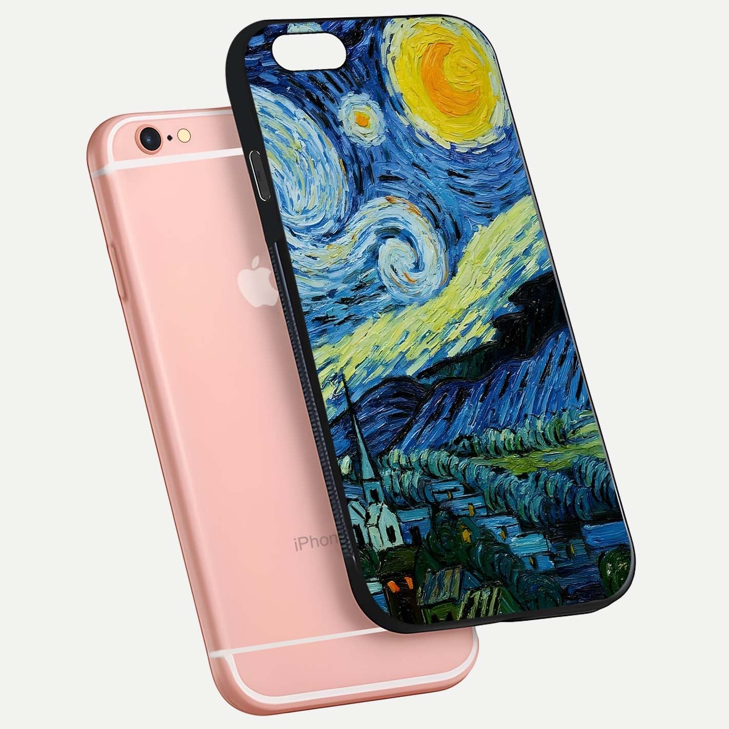 Inspired Van Gogh Art Glass Case for iPhone 6 Plus floating dual-view mockup showing gloss depth and artistic reflection