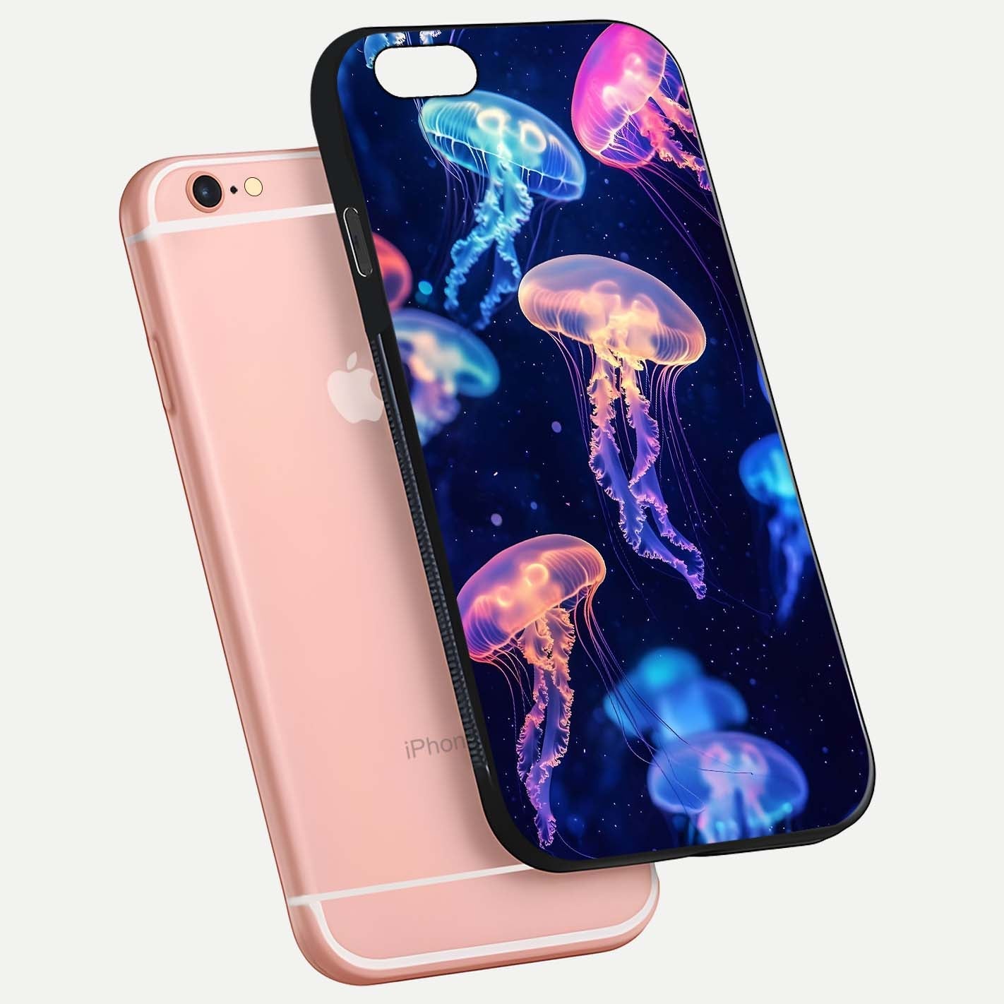 Jellyfish Pattern Glass Case for iPhone 6 Plus floating dual-view mockup showing gloss texture and oceanic depth
