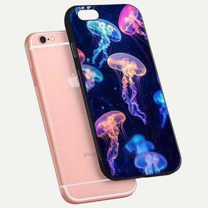 Jellyfish Pattern Glass Case for iPhone 6 Plus floating dual-view mockup showing gloss texture and oceanic depth