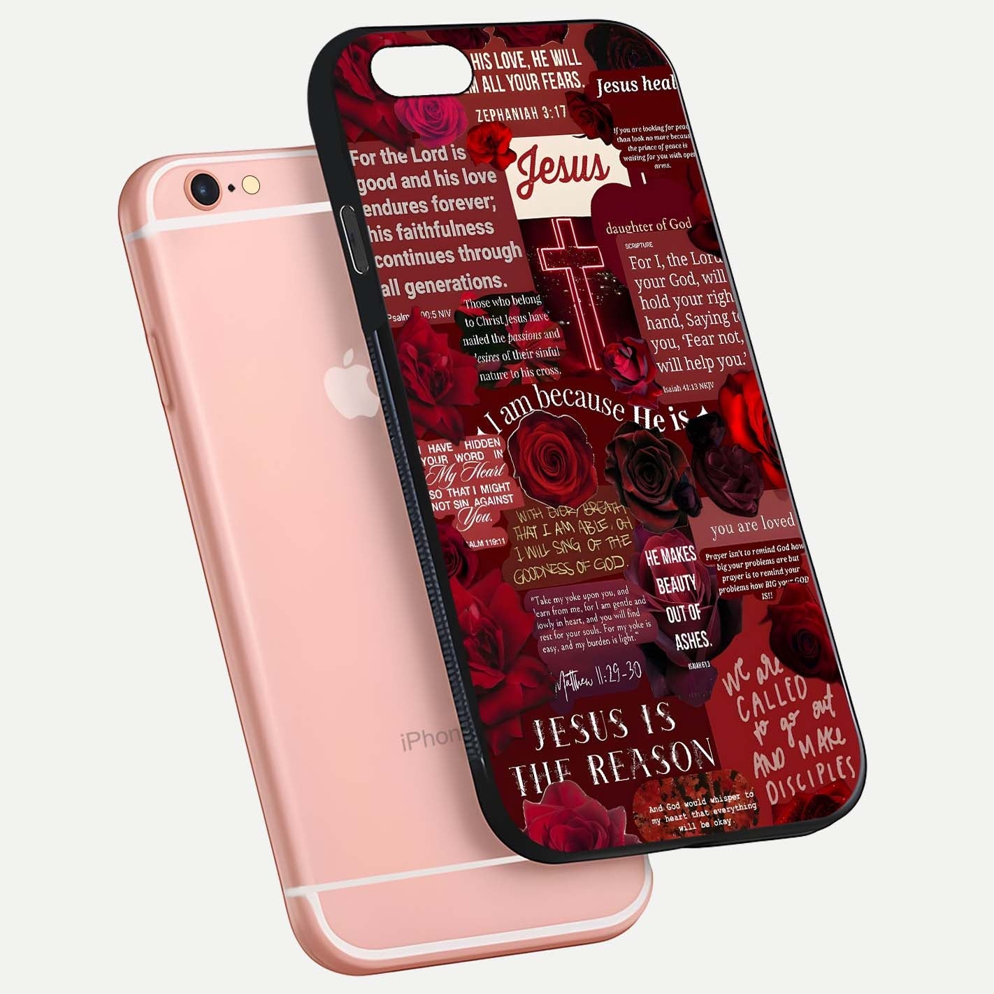 Jesus Love Heals Glass Case for iPhone 6 Plus floating dual-view mockup showing glossy shine and faith-inspired art