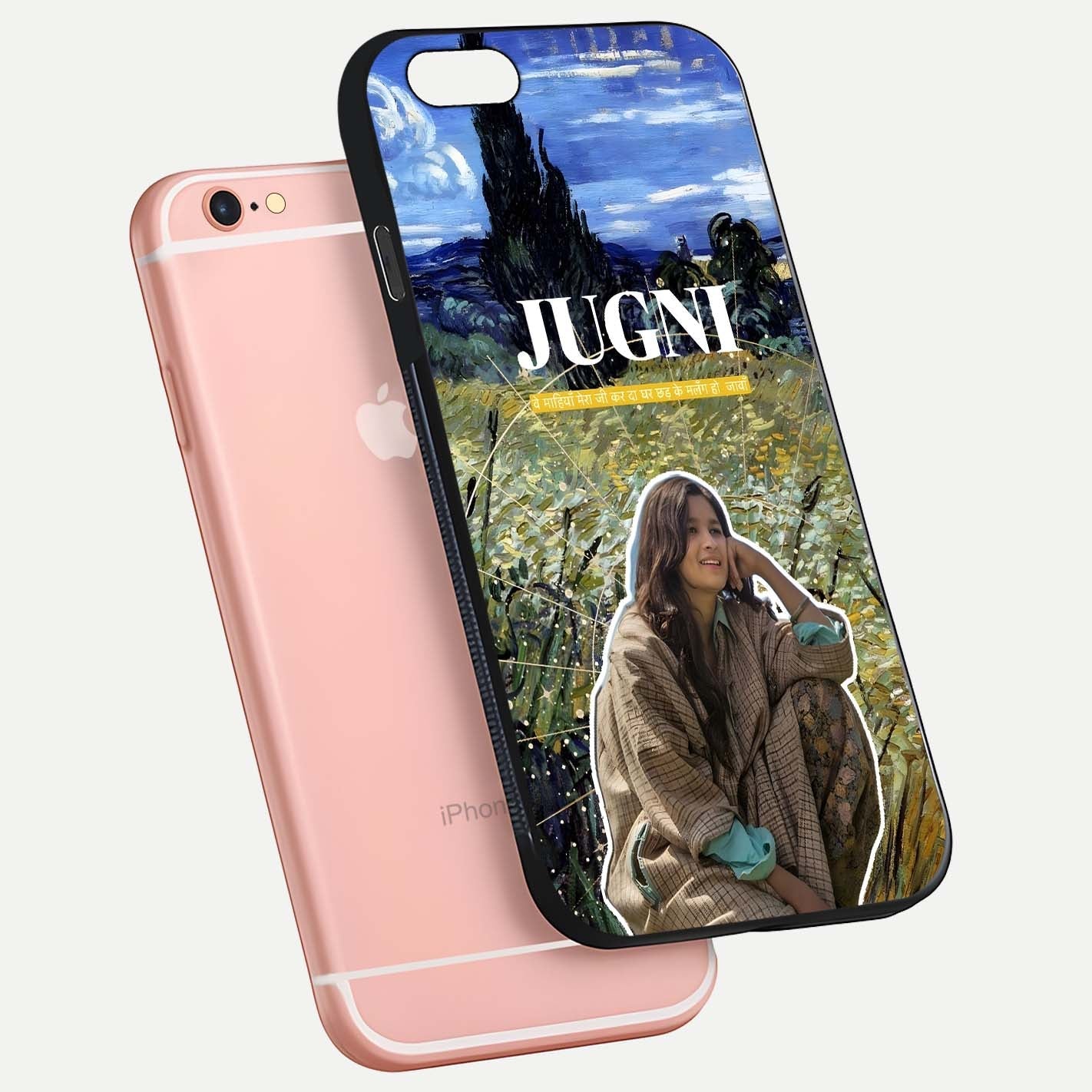 Jugni Soul Vibes Glass Case for iPhone 6 Plus floating dual-view mockup showing gloss surface and vivid design style