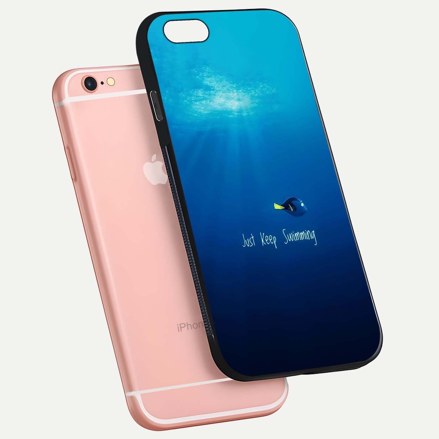 Just Keep Swimming Glass Case for iPhone 6 Plus floating dual-view mockup showing gloss brightness and wave motif