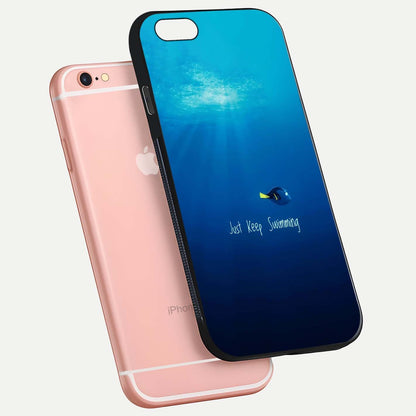 Just Keep Swimming Glass Case for iPhone 6 Plus floating dual-view mockup showing gloss brightness and wave motif