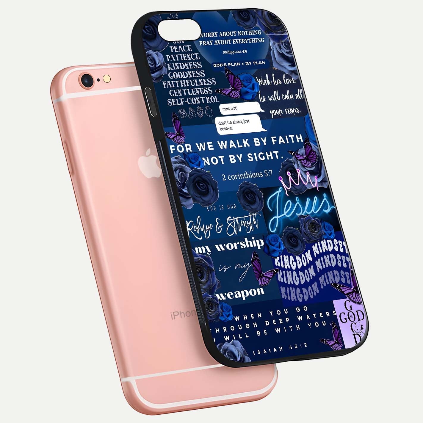 Kingdom Faith Glow Glass Case for iPhone 6 Plus floating dual-view mockup showing premium gloss and golden aura