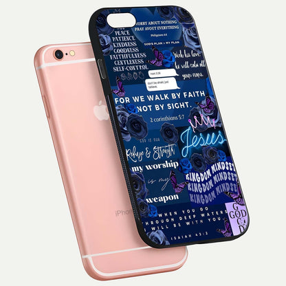 Kingdom Faith Glow Glass Case for iPhone 6 Plus floating dual-view mockup showing premium gloss and golden aura