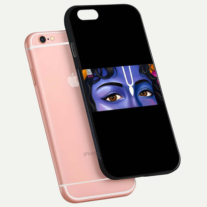 Krishna Eye Glass Case for iPhone 6 Plus floating dual-view mockup showing gloss surface and divine art depth