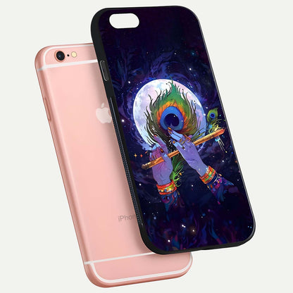 Krishna Hands Art Glass Case for iPhone 6 Plus floating dual-view mockup showing premium gloss reflection