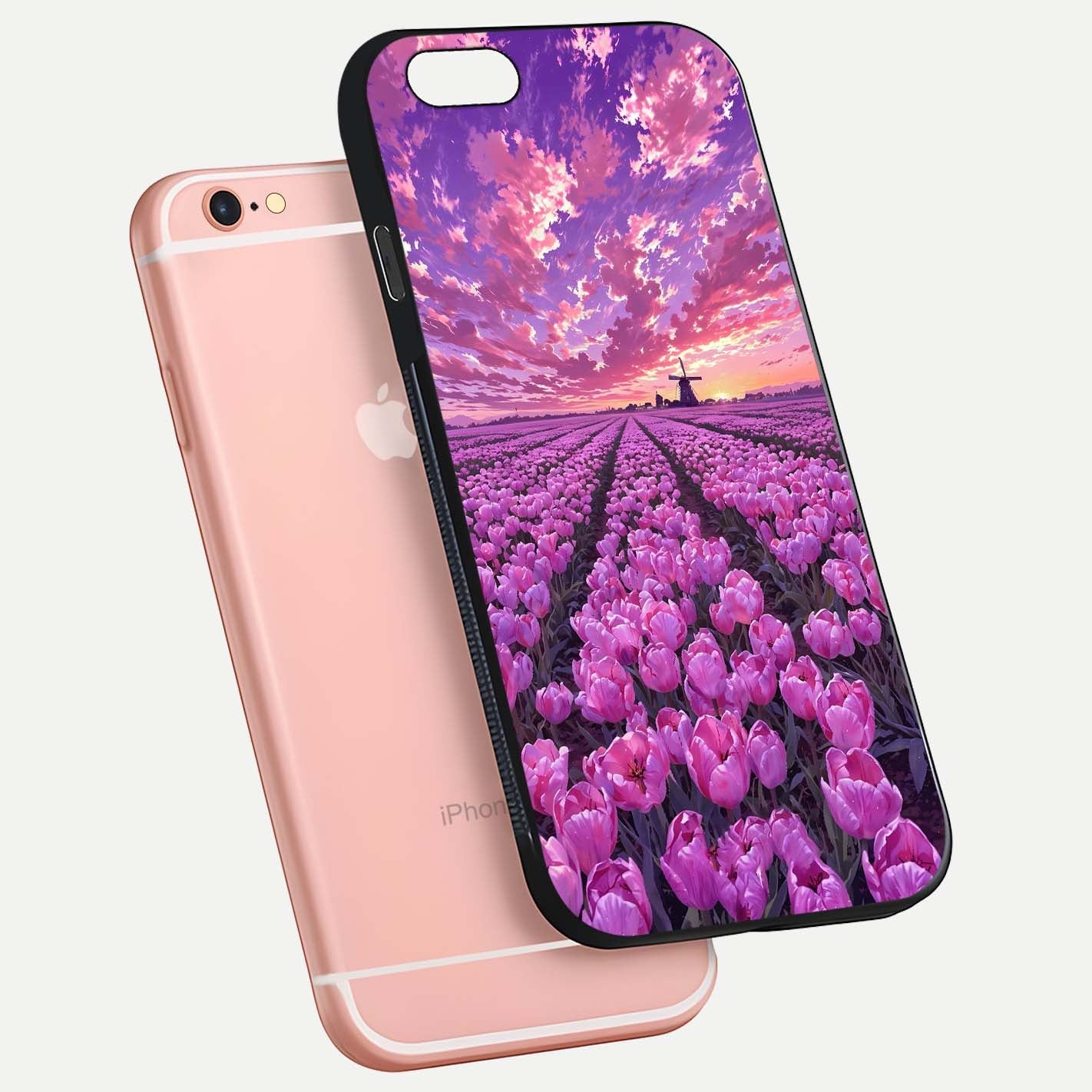Lavender Dream Skies Glass Case for iPhone 6 Plus floating dual-view mockup showing gloss polish and pastel design