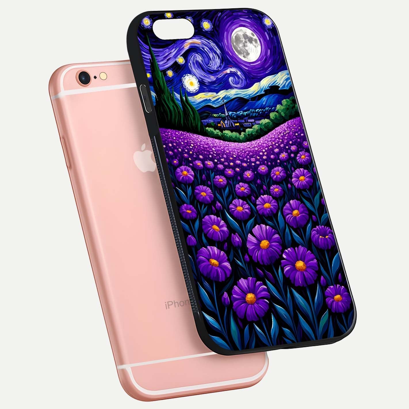 Lavender Moon Field Glass Case for iPhone 6 Plus floating dual-view mockup showing gloss surface and floral glow