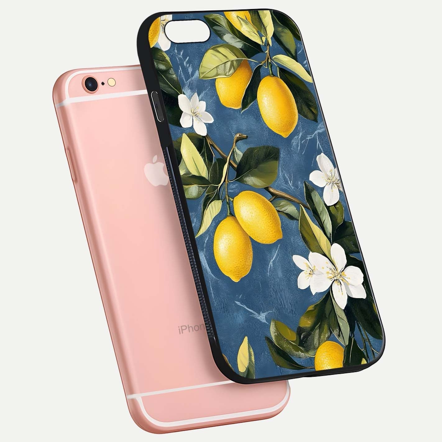 Lemon Dream Garden Glass Case for iPhone 6 Plus floating dual-view mockup showing gloss brightness and vivid yellow print