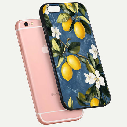 Lemon Dream Garden Glass Case for iPhone 6 Plus floating dual-view mockup showing gloss brightness and vivid yellow print